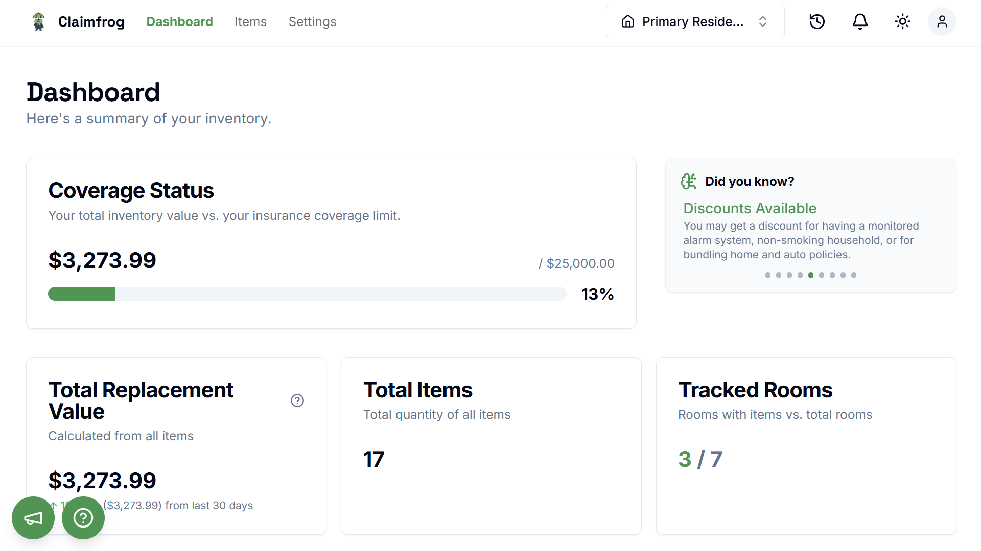 The Claimfrog app dashboard showing a home inventory with item photos, names, and values, demonstrating a clear and organized way to be prepared for insurance.