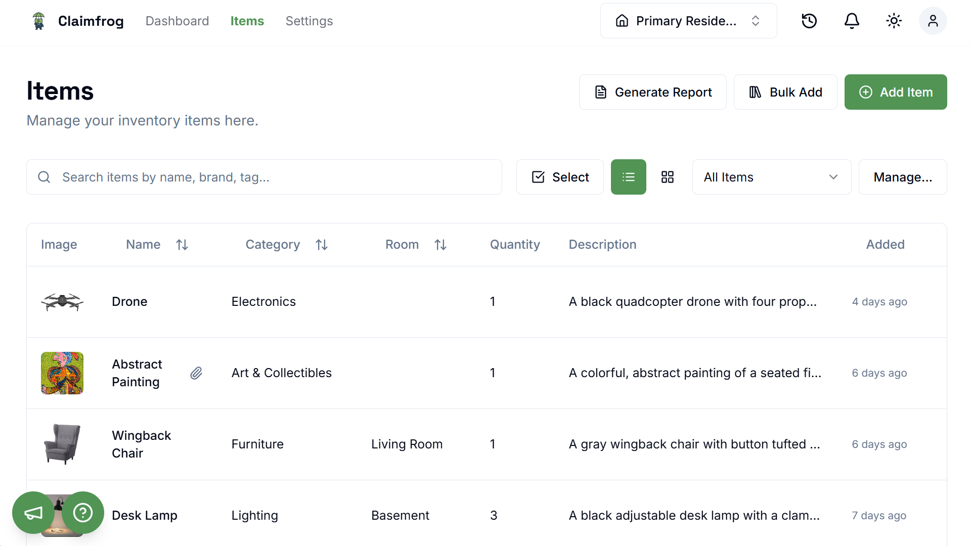 A detailed view of an item in the Claimfrog app, showing a photo of a camera, its value, purchase date, and attached receipt.